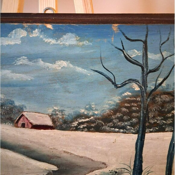 Vintage Winter Landscape Oil Painting On Wood Rustic Mid-Century 12.75" x 8.5" - Picture 4 of 9